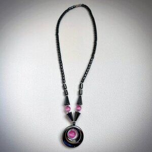 Hematite Donut Pendant Necklace Pink Cats Eye